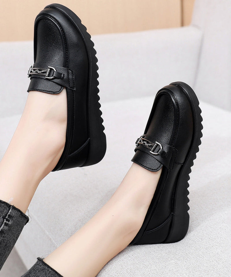 Black Cowhide Leather Splicing Flat Feet Shoes