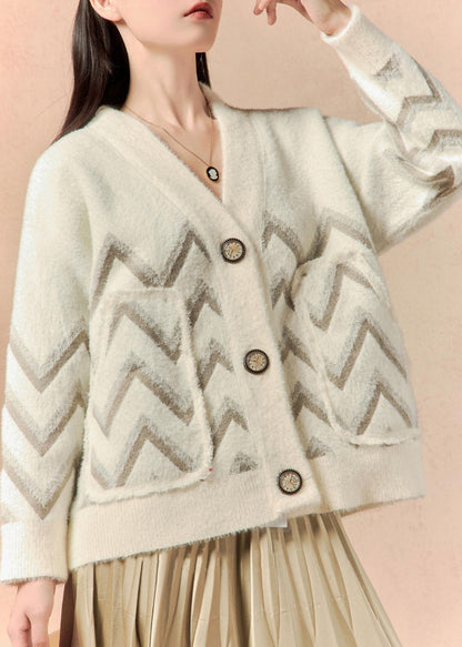 Beige V Neck Button Pockets Knit Coat Winter