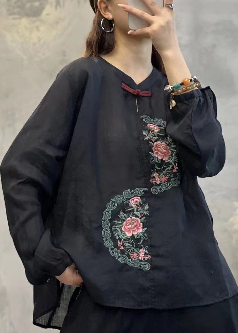 Retro Grey O-neck Embroideried Linen Shirt Top Lantern Sleeve