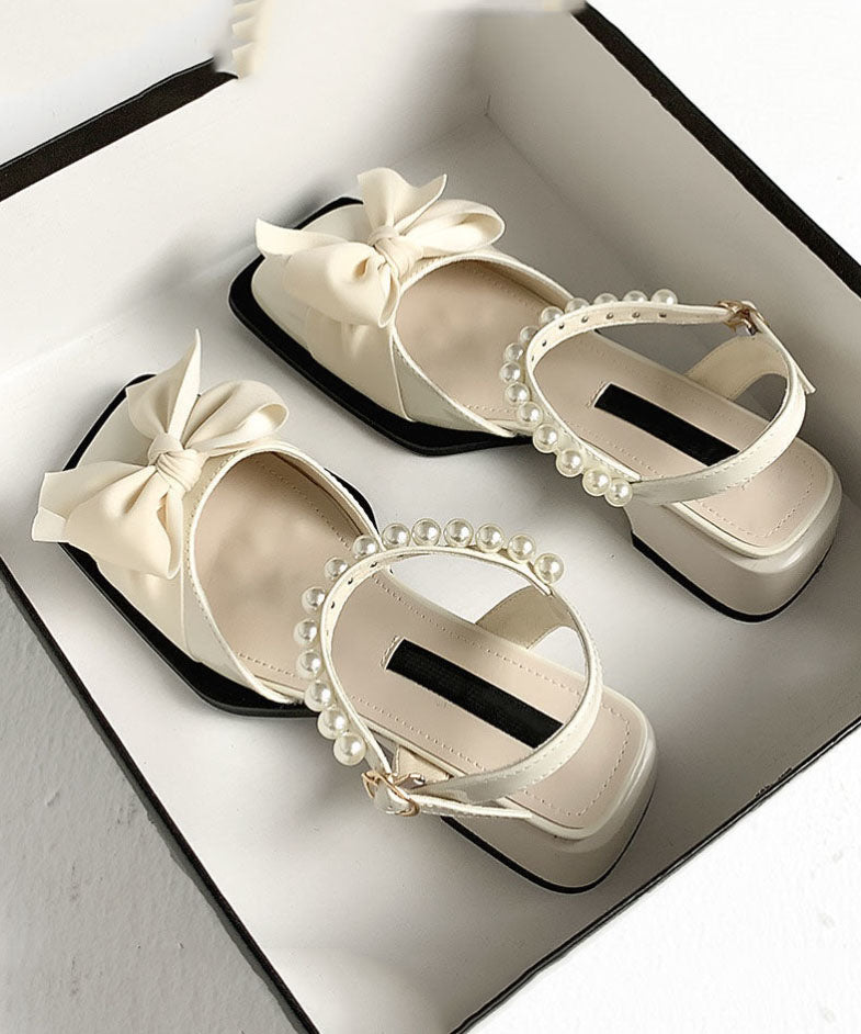 Nail Bead Bow Splicing Chunky Sandals Beige Faux Leather