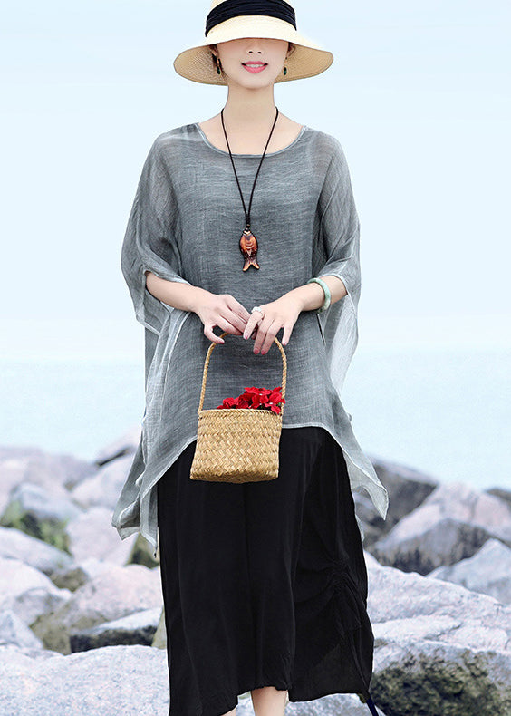 Grey Loose Linen Upf 50+ Tops Low High Design Short Sleeve