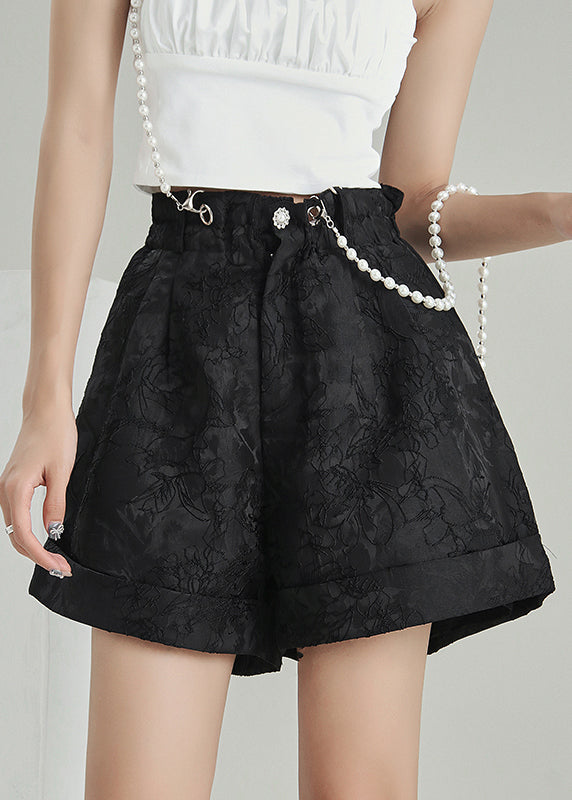 Black Zip Up Jacquard Cotton Shorts Summer