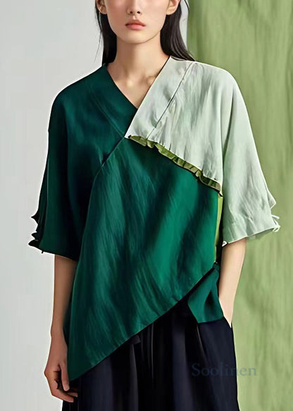 Green V Neck Asymmetrical Cotton T Shirt Half Sleeve