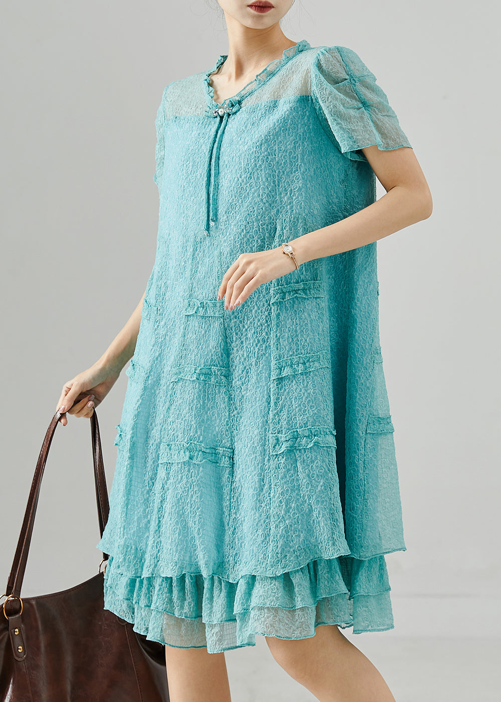Lake Green Tasseled Ruffled Silk Dress Summer