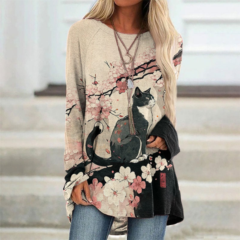 Japanese Art Style Floral Cat Print Tunic elevenforest