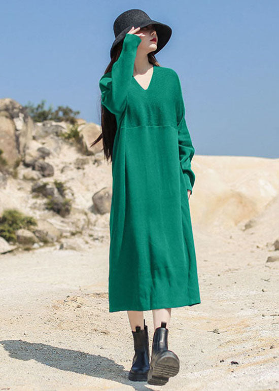 Green V Neck Patchwork Knit Maxi Dress Spring