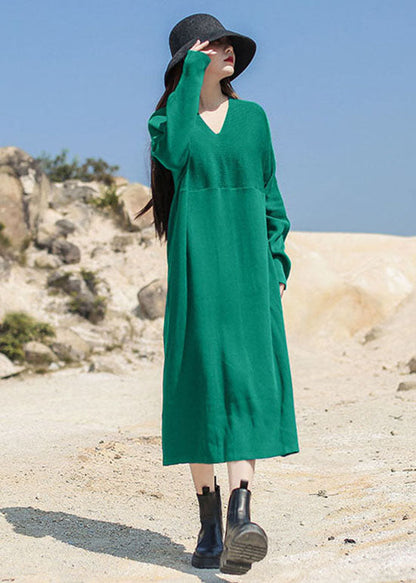Green V Neck Patchwork Knit Maxi Dress Spring