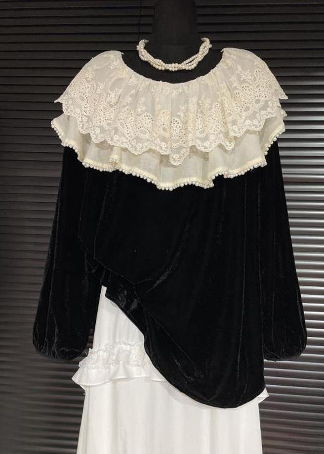 Fine Black Peter Pan Collar Patchwork Lace Silk Velour Shirt Fall