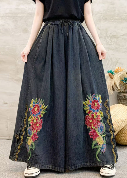 Dark Grey Embroidered Tie Waist Wide Leg Pants