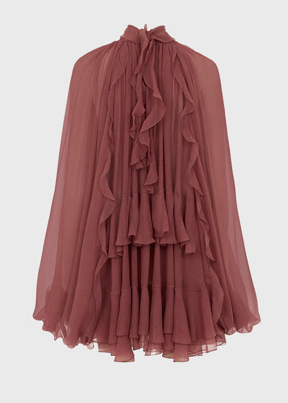 French Brick Red Ruffled Patchwork Chiffon Shirt Tops Spring