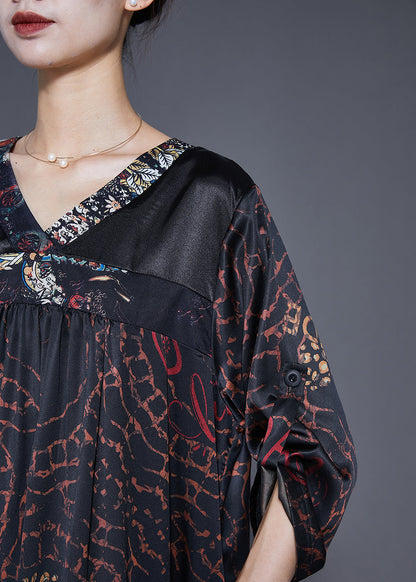 Black V Neck Patchwork Print Silk Dress Fall