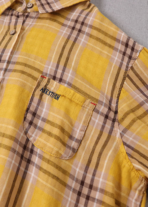 Yellow Peter Pan Collar Plaid Cotton Shirt Top Spring