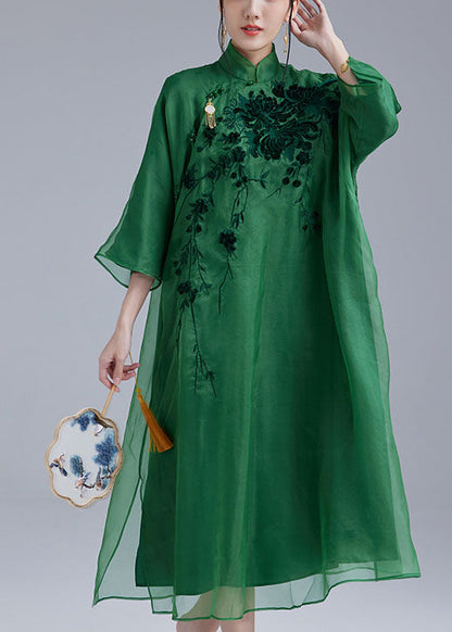 Fine Green Mandarin Collar Embroideried Tulle Silk a Line Dress Bracelet Sleeve Summer