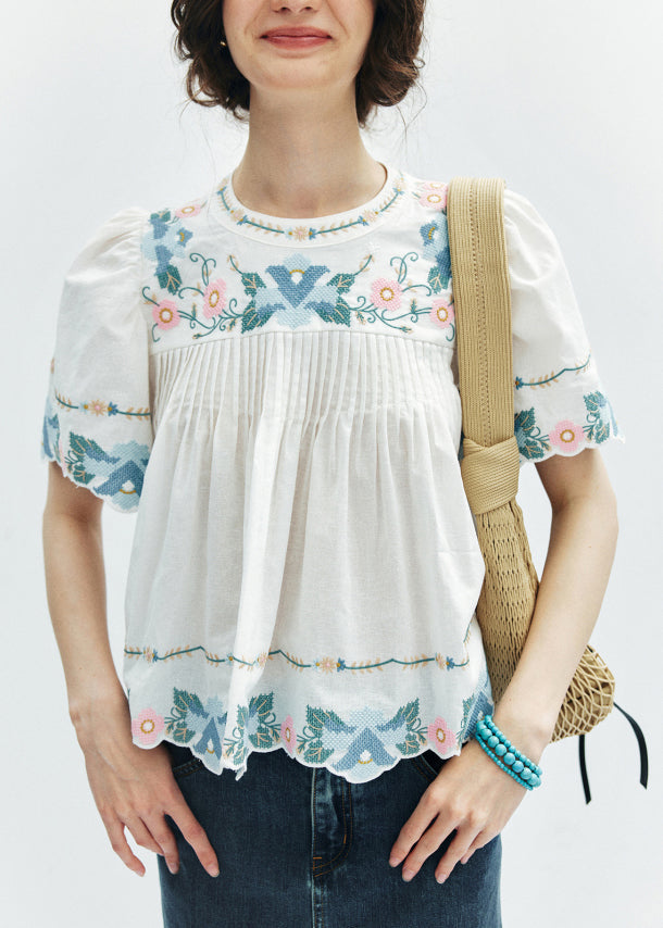Yellow Embroidered Puff Sleeve Cotton Shirt
