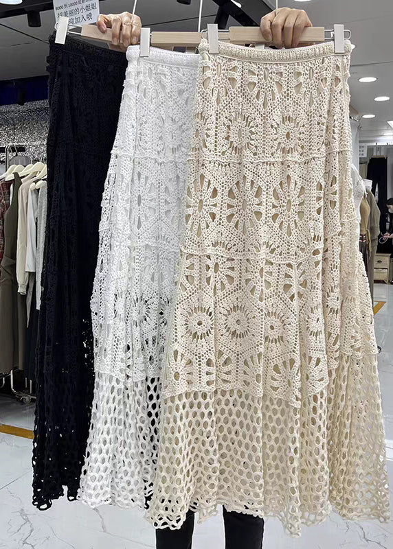 Original Design Beige Elastic Waist Lace Patchwork a Line Skirt