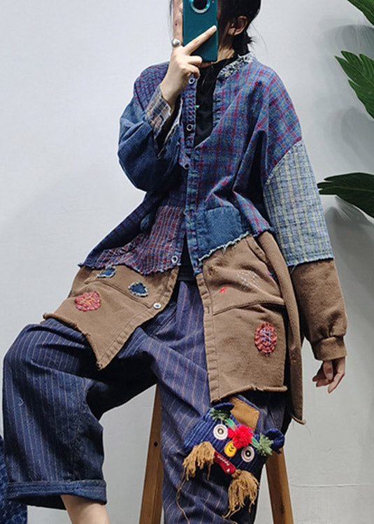 Colorblock Button Stand Collar Patchwork Plaid Cotton Shirts Long Sleeve