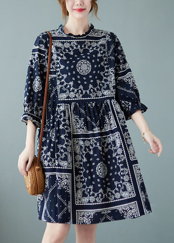Navy O-neck Patchwork Print Fall Dress Half Sleeve