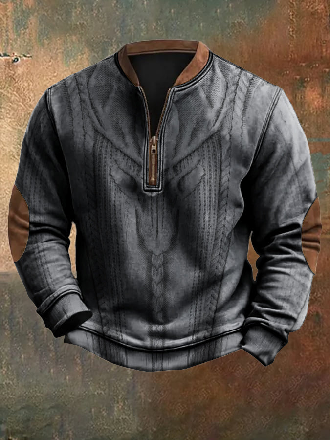 Men's Retro Wild Deer Graphic Jacquard Zip Collar Sweatshirt elevenforest