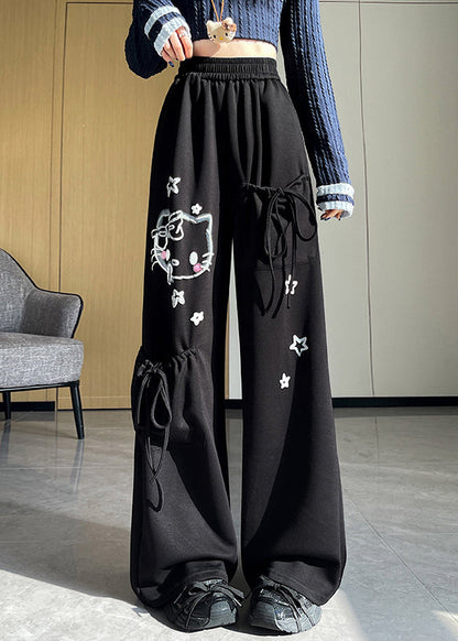Light Grey Elastic Waist Print Pockets Cotton Pants Fall