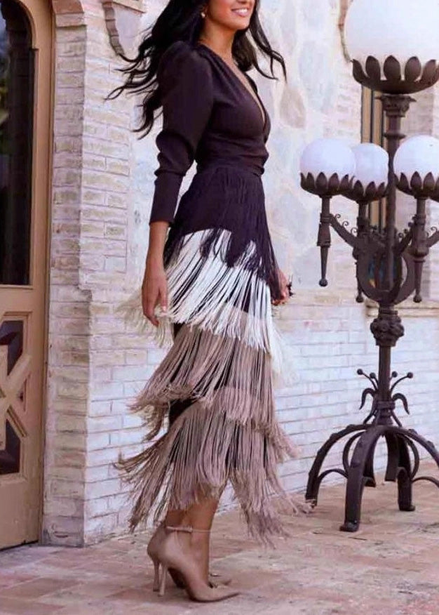 Green V Neck Tassel Patchwork Cotton Dress Spring