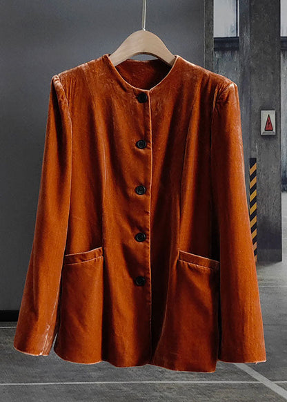 Orange O-neck Button Patchwork Silk Velour Coats Spring