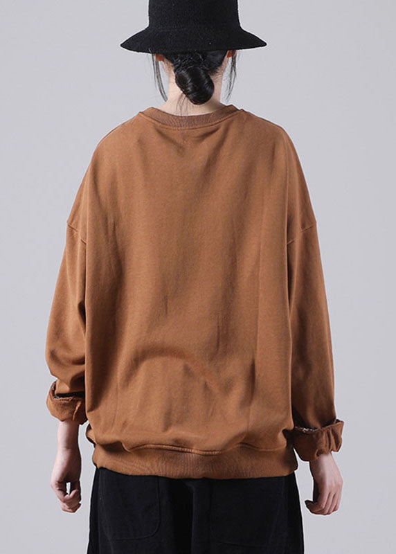 Chocolate Loose O-neck Pockets Fall Sweatshirts