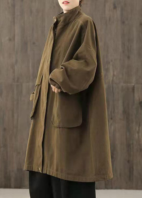 Handmade Chocolate Zippered Pockets Patchwork Fall Trench Coats