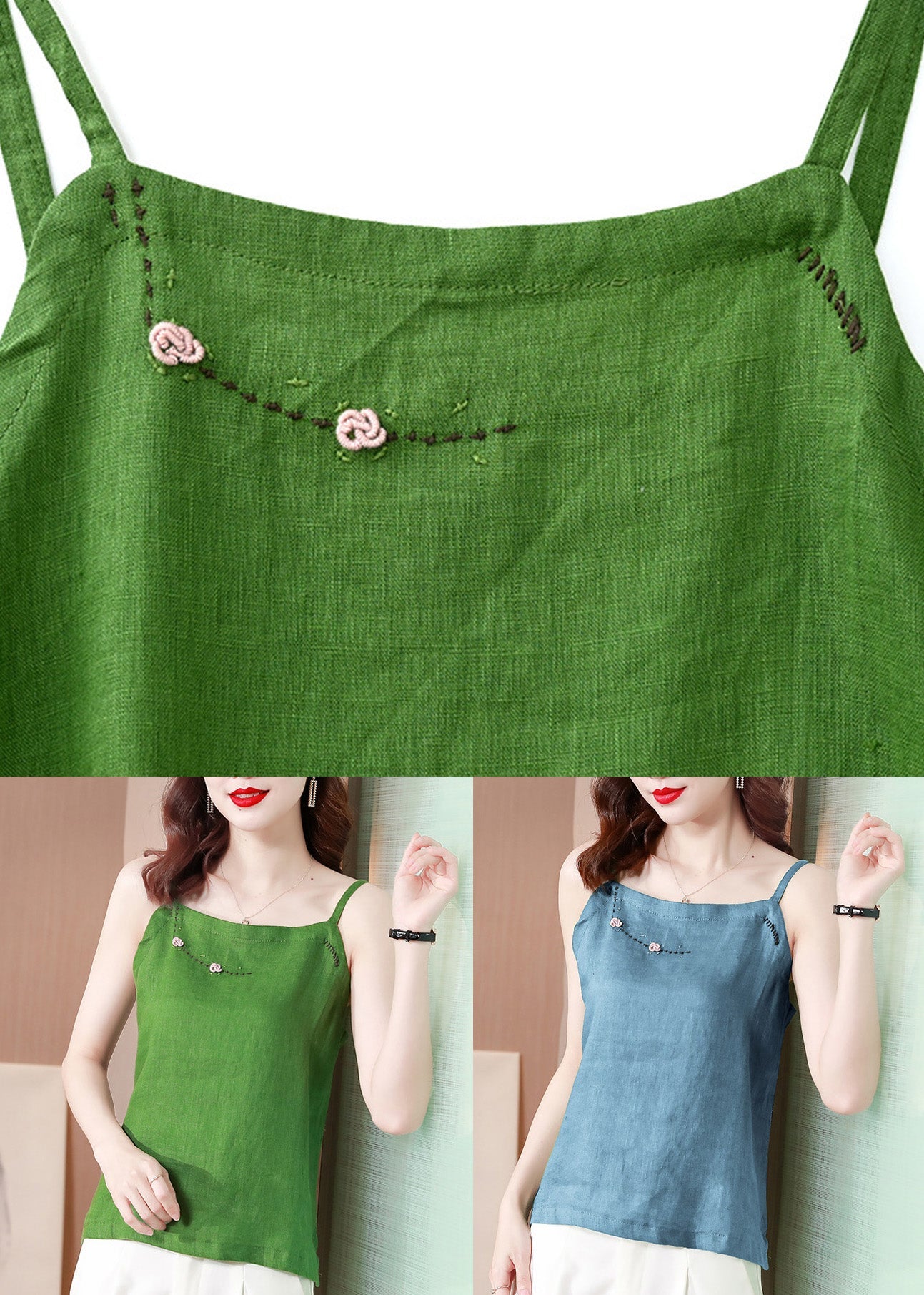 Blue Embroideried Tank Tops Summer