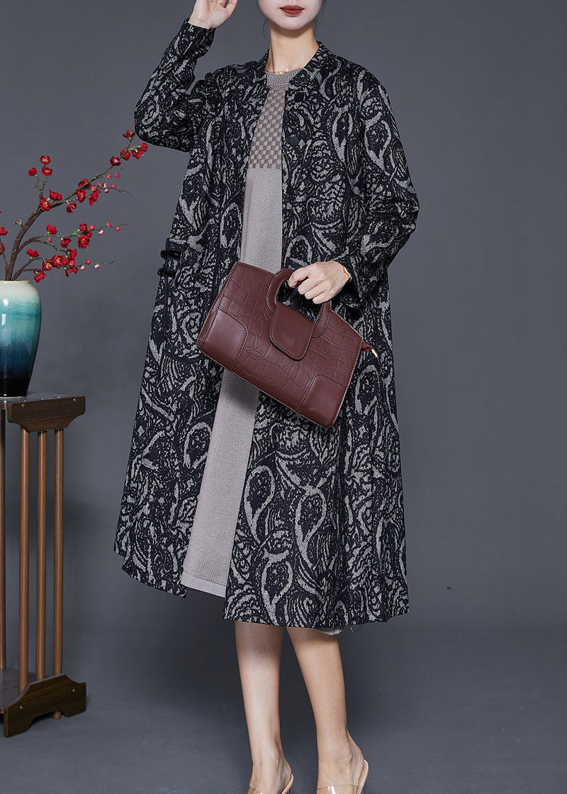 Black Oversized Print Cotton Trench Coats Fall