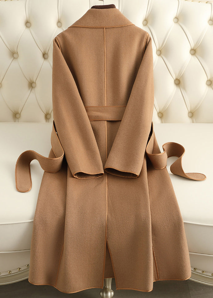 Camel Notched Patchwork Tie Waist Woolen Long Coats Fall