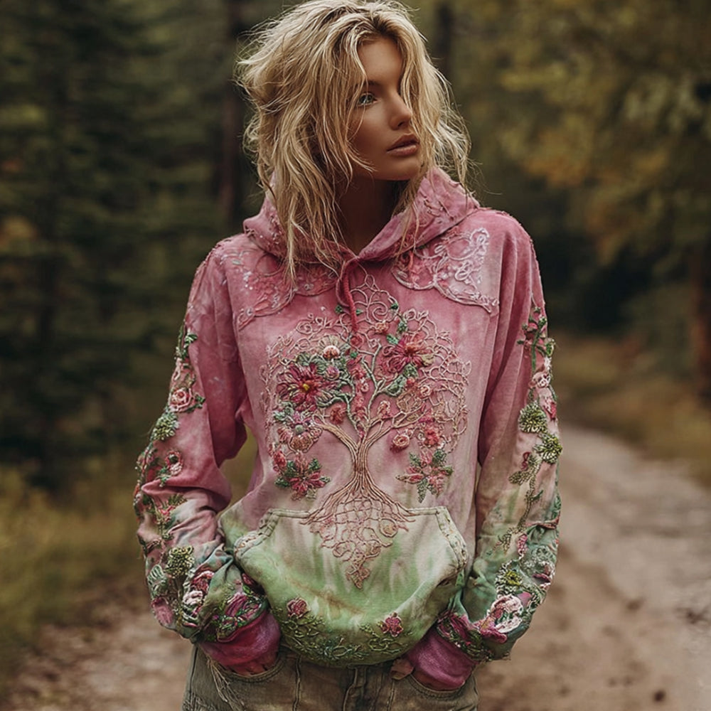 Women's Viking Tree Of Life Pink And Green Tie-dye Hoodie artswardrobe