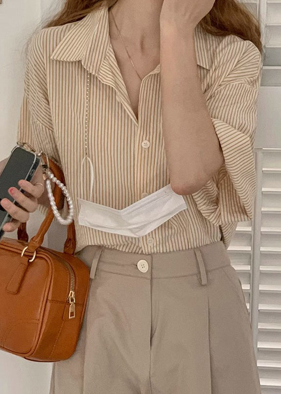 Grey Striped Peter Pan Collar Button Cotton Blouses Summer