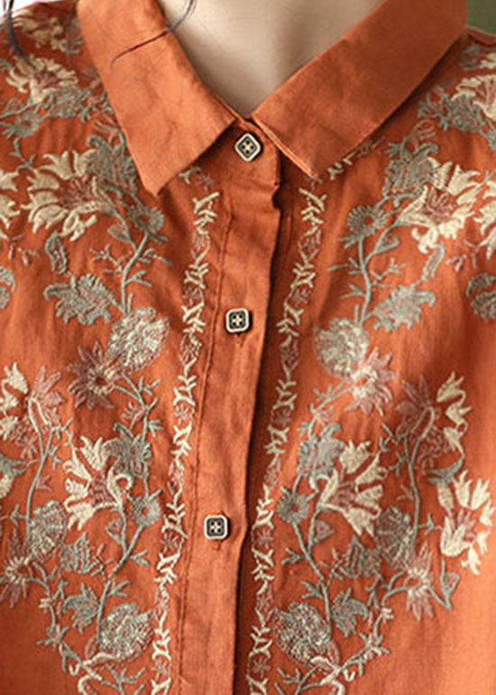 Orange Button Peter Pan Collar Embroideried Linen Blouses Spring