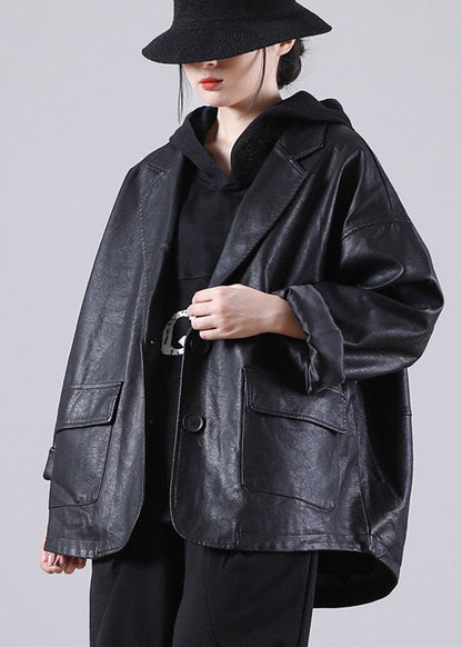 Unique Black Notched Pockets Button Fall Long Pu Sleeve Coat