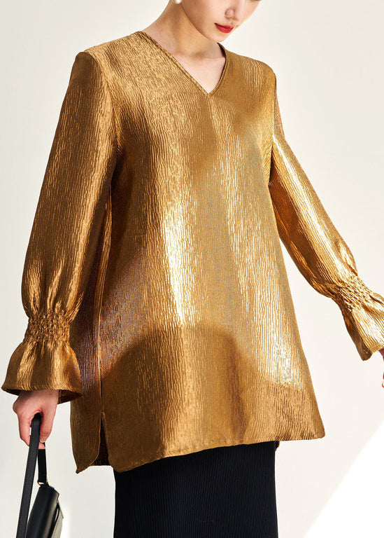 New Gold V Neck Side Open Silk Shirt Fall