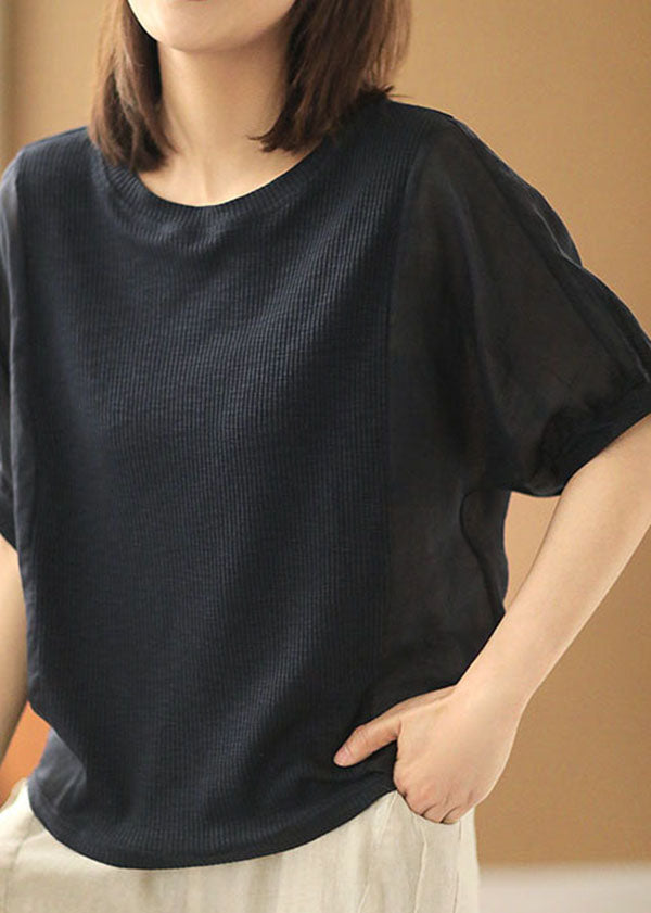 Navy Color O-neck Knit Patchwork Linen Shirt Short Sleeve