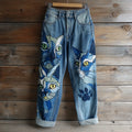 Comstylish Vintage Cat Embroidered Washed Jeans