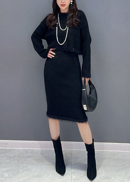 Slim Fit Black O Neck Patchwork Tops and Waistcoat Dress Knit Two Piece Set Fall