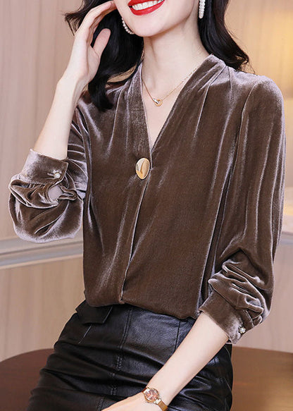 Chocolate Patchwork Silk Velour Shirt Top V Neck Color Long Sleeve