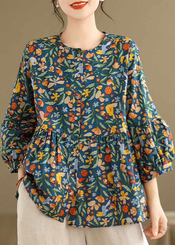 Green Print Patchwork Wrinkled Tops Fall