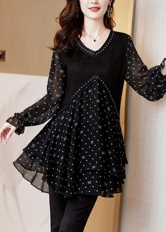 Black V Neck Dot Patchwork Layered Design Chiffon Tops Long Sleeve