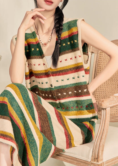 Colorblock V Neck Striped Knit Waistcoat and Maxi Skirts Two Piece Set Sleeveless