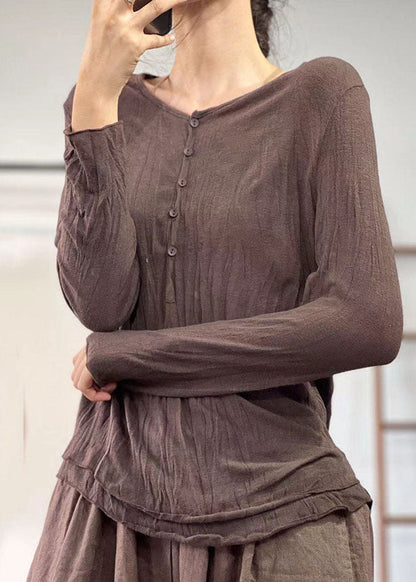 Chocolate V Neck Wrinkled Layered Cotton Shirt Top Fall