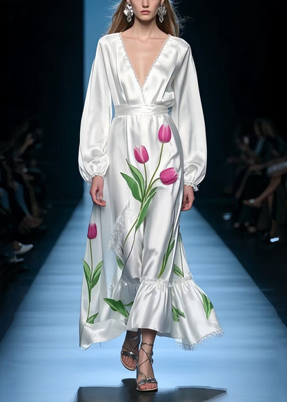 French White V Neck Silk Holiday Dress Spring