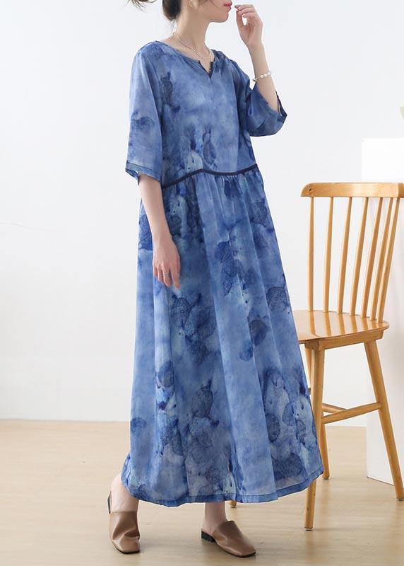 Blue Print Pockets Holiday Summer Linen Dress