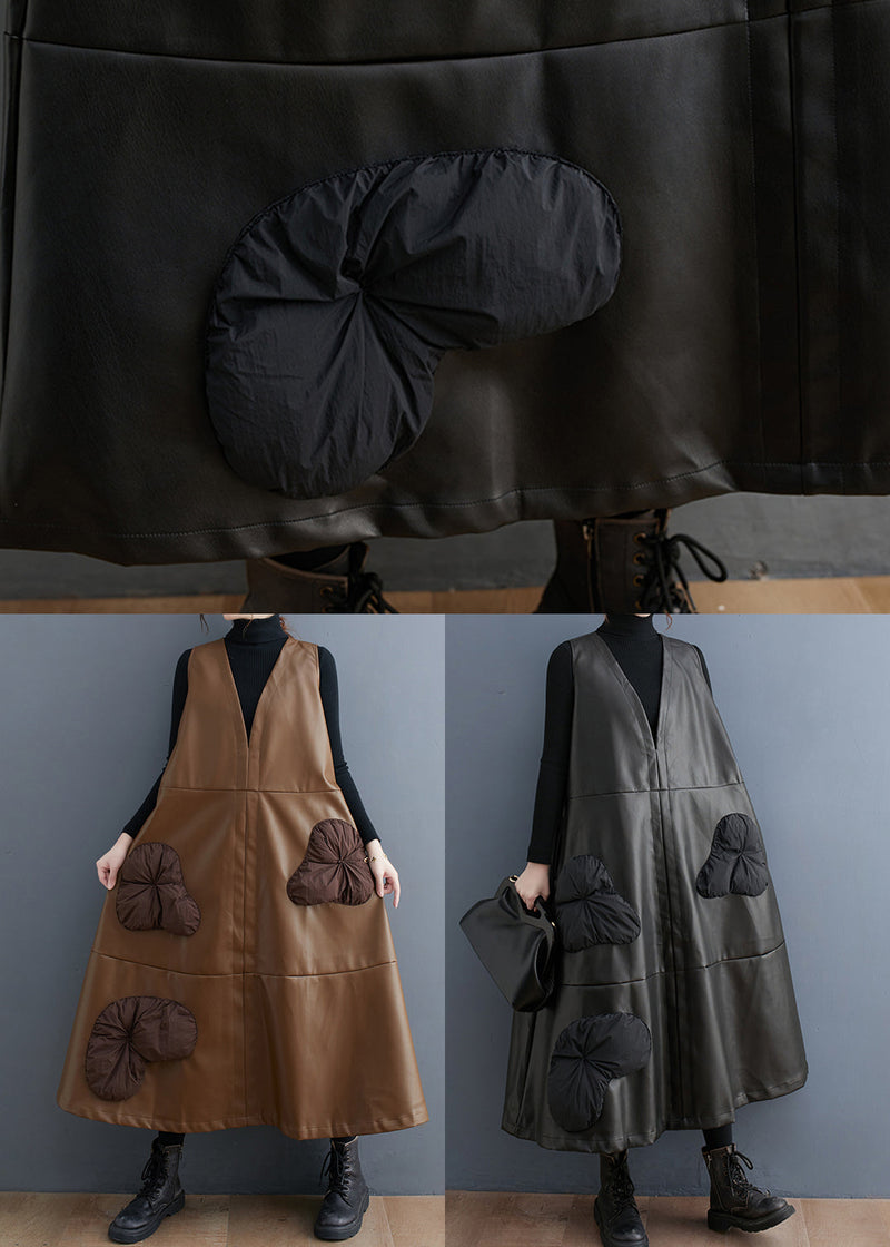 Black V Neck Stereoscopic Faux Leather Long Dress Winter