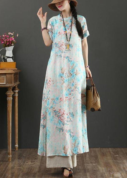 Comfy Blue Print Linen Short Sleeve Summer Vacation Dresses