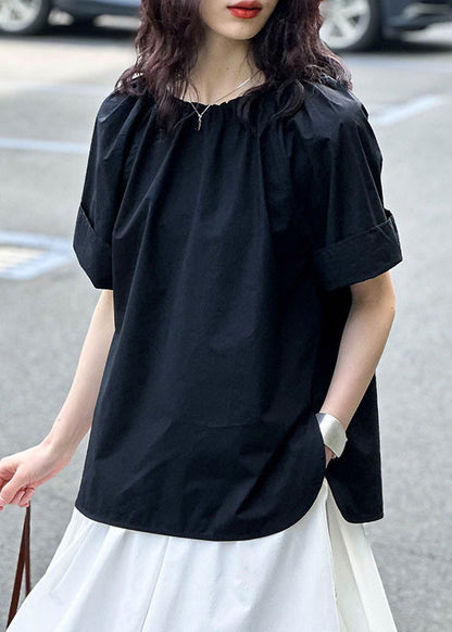 Black Side Open Cotton Tops O Neck Short Sleeve
