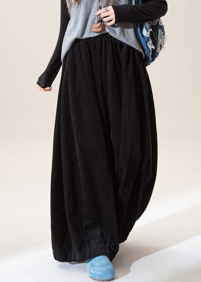 Black Elastic Waist Corduroy Wide Leg Pants Fall