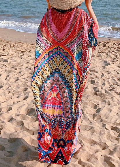 Red Print Beach Gown Mid Dress Summer